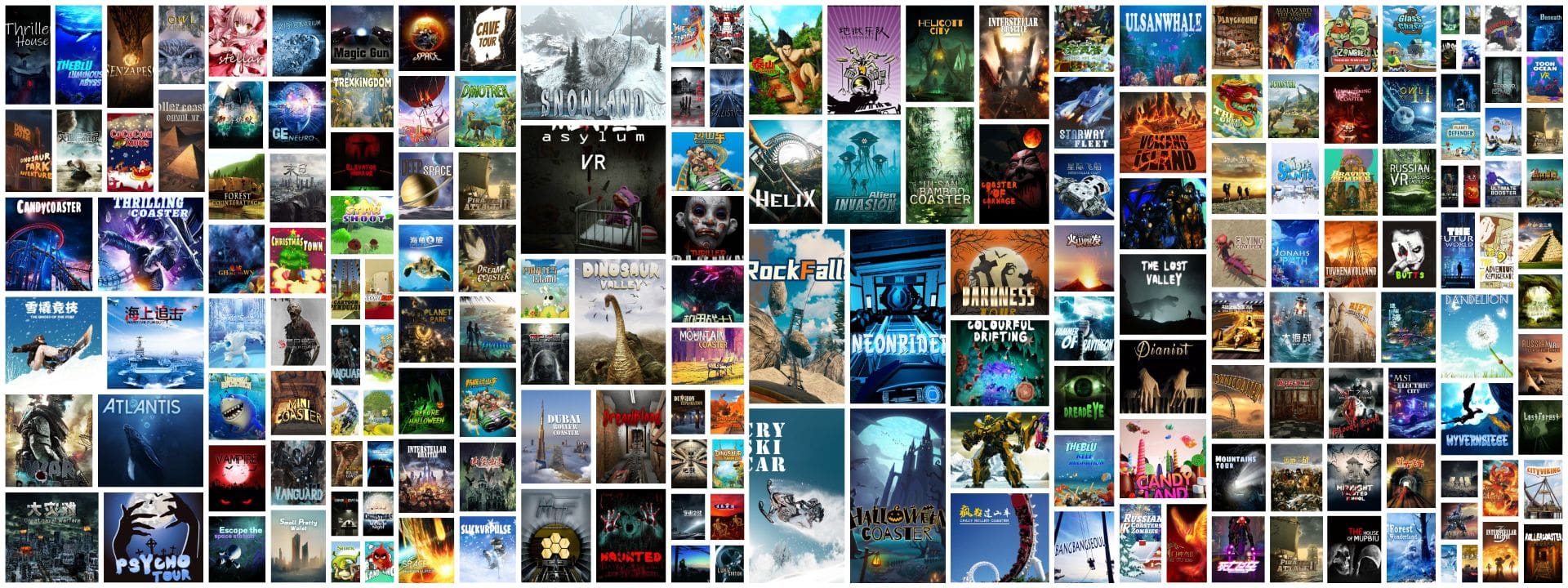 A collage of VR games and VR movies included with Hooplo VR equipment, showing the diverse entertainment content available for operators and players.