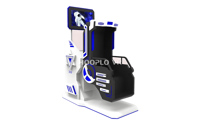Full view of the single-seat VR 360 simulator showing the rotation frame and immersive ride design suitable for a vr business for sale setup.