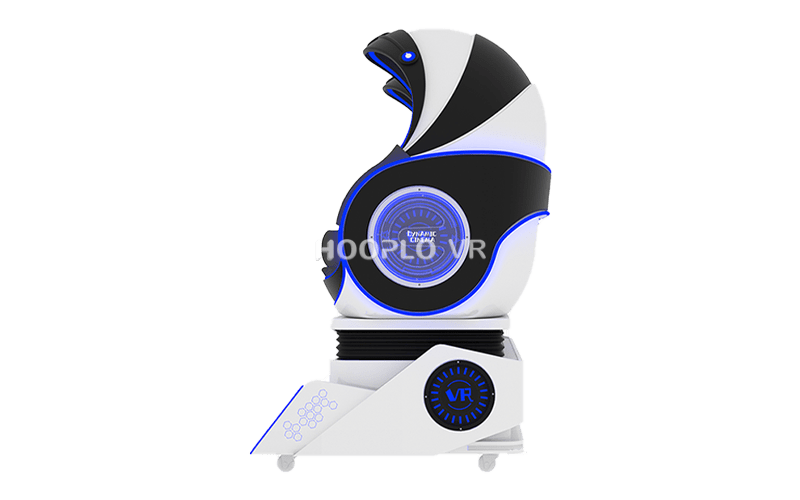 Side-perspective image of VR Egg Chair interactive VR simulator for commercial venues, showing ergonomic seating and the egg-shaped cabin layout.
