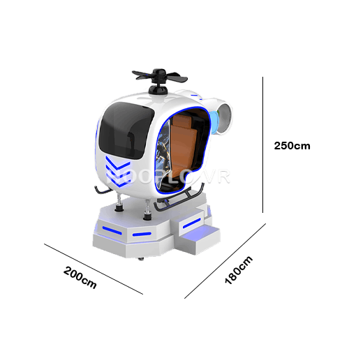 Dimensions and space requirements of the VR Helicopter Simulator for indoor entertainment venues.