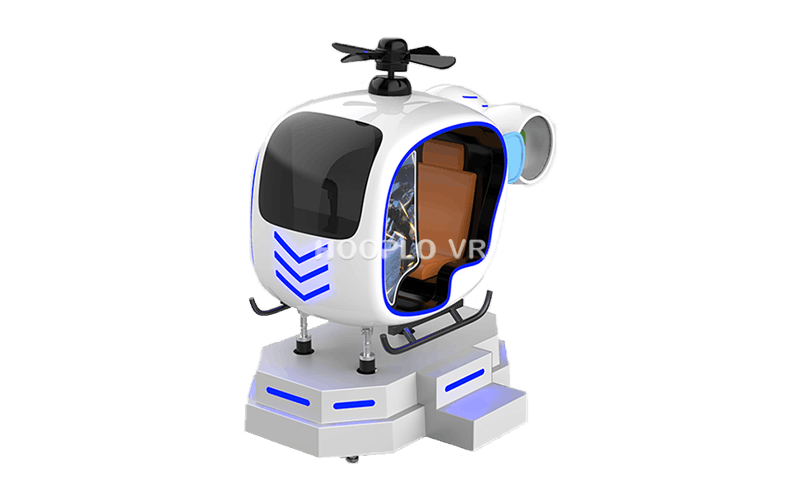 Front view of a VR Helicopter Simulator showing the cockpit design and immersive VR experience setup.