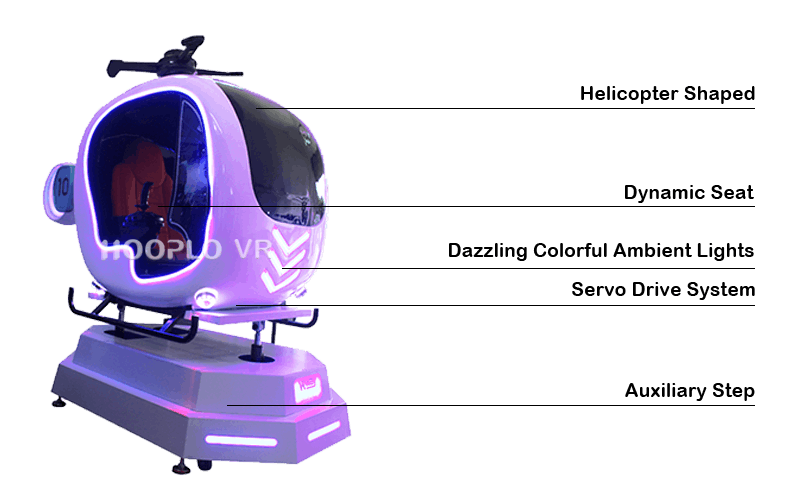 Key features and functions of the VR Helicopter Simulator, including motion system and immersive visuals.