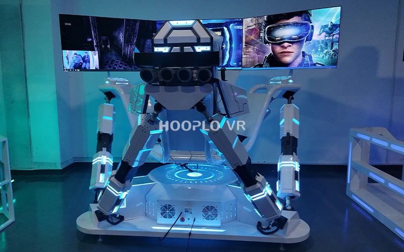Hooplo showroom display of the VR Six-Axis Racing Simulator showing the full equipment installed on-site for customer presentation.