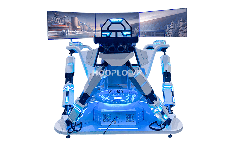 Front-perspective image of the VR Six-Axis Racing Simulator highlighting the racing cockpit and high-traffic attraction effect for entertainment venues.