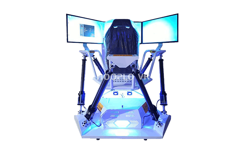 Rear view of VR Six Axle Racing Simulator B highlighting the simulator frame and actuators.