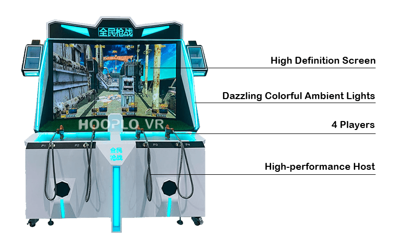 Key features of the Four Person Gun Battle - A VR equipment, showcasing the multi-player setup and interactive gaming options.