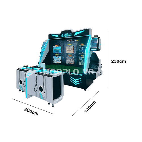 Size and specifications of the Four Person Gun Battle - A VR equipment, including dimensions and layout.