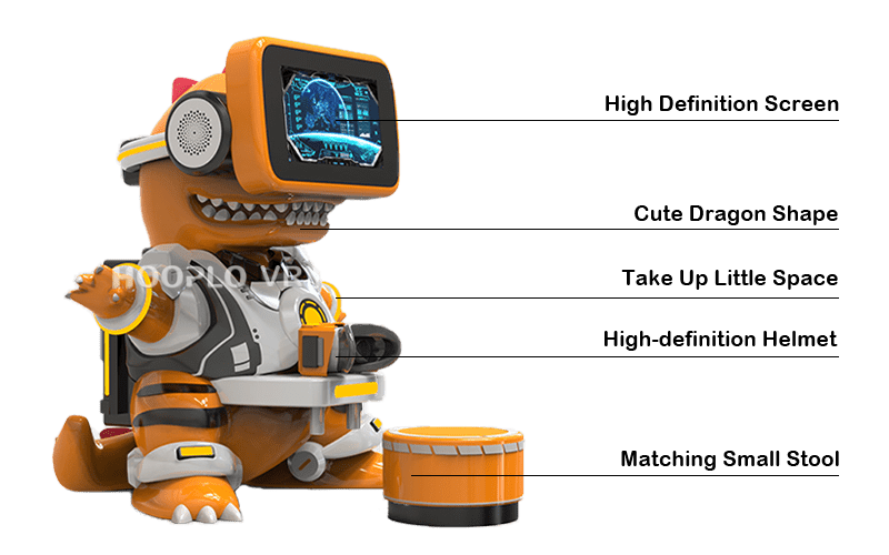 Yellow VR Baby Long VR equipment by Hooplo with key features marked, including design highlights, gameplay experience, and attraction points.