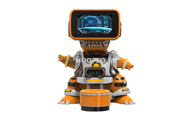 Front view of the yellow VR Baby Long VR equipment by Hooplo, showing the full robot-style appearance.