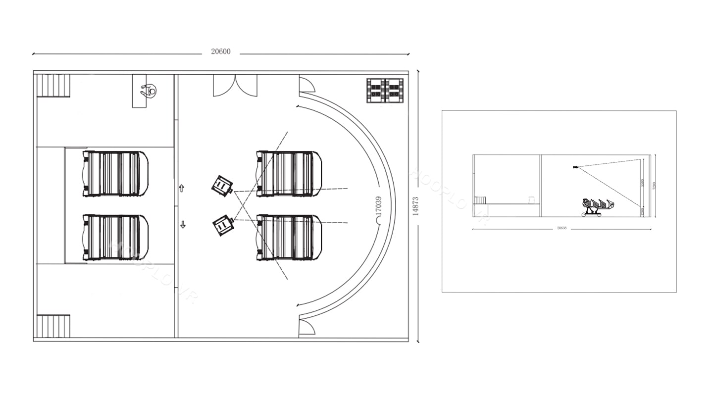 Floor plan and detailed dimensions of the Track Cinema VR equipment showing installation space requirements.