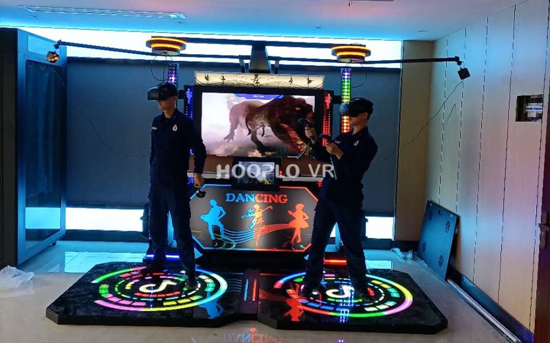 Customer experiencing VR Dance Machine VR equipment, showing engagement and enjoyment.