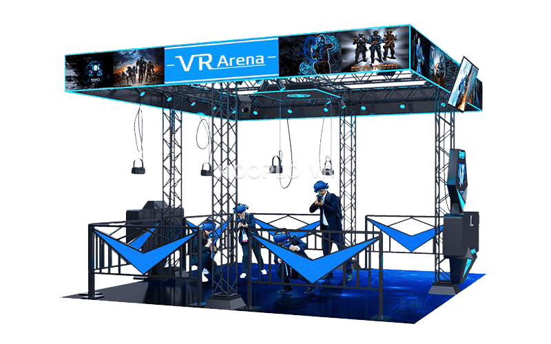 Interactive multiplayer gameplay scene of the VR Four-Player Duel Simulator with players wearing VR headsets