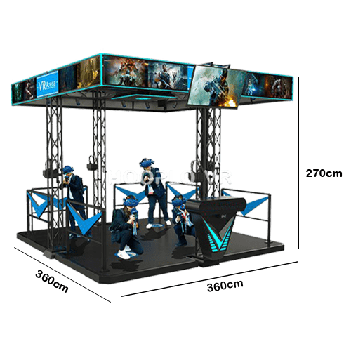 Overall size and layout diagram of the VR Four-Player Duel Simulator showing platform dimensions and arena footprint