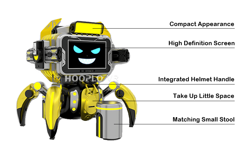 Key features of a VR equipment called VR Little Warrior, including compact appearance, high-definition screen, integrated helmet, handle and matching stool