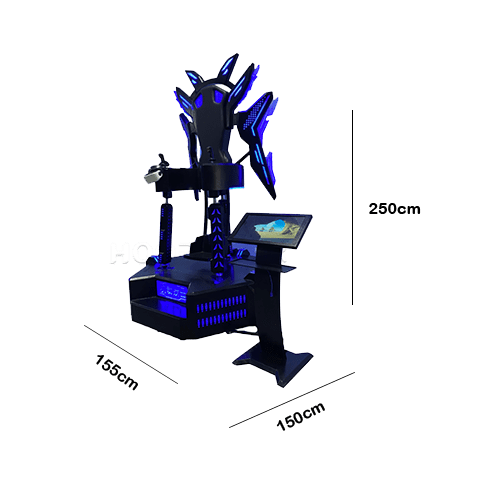 Dimensions of VR Wings of Flight VR equipment, showing height, width, and footprint for installation.