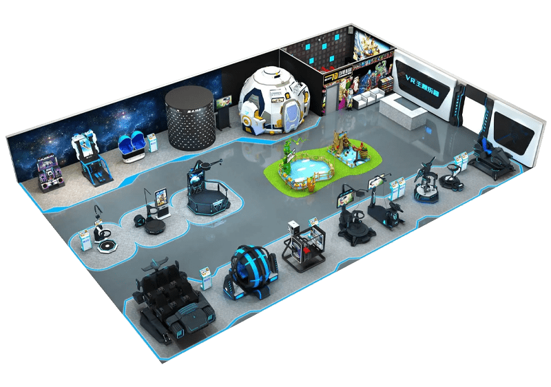 3D overview of custom VR park design showing interactive zones and VR attractions.
