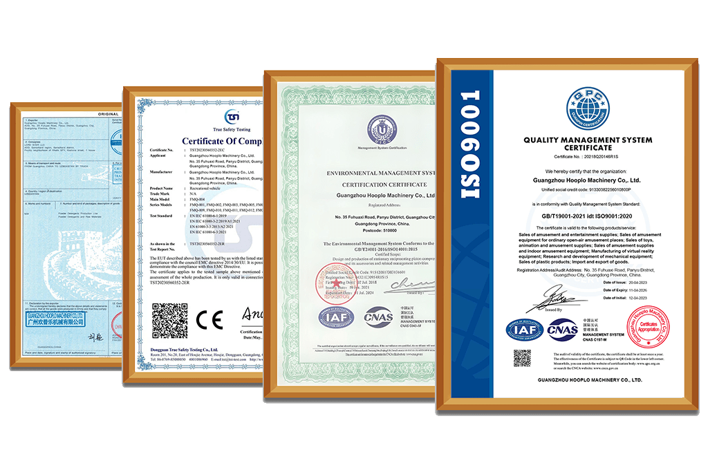 CE, ISO 9001, FCC, and ETL certifications for Hooplo VR equipment