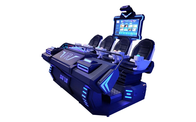 9D VR four seats cinema featuring synchronized motion platforms and VR headsets for immersive group entertainment.