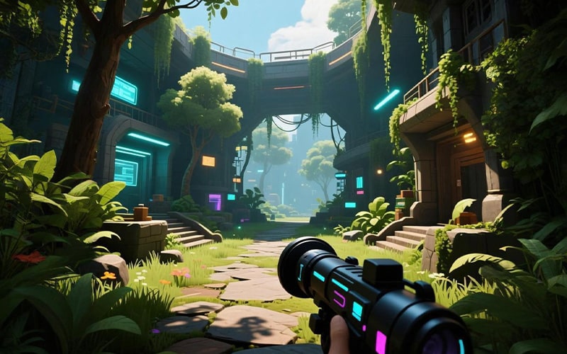 Shooting experience VR game scene featuring first-person combat gameplay for commercial VR machines