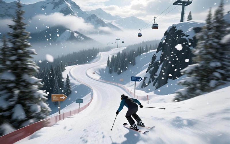 Skiing experience VR game scene showing a downhill snow adventure optimized for VR simulators