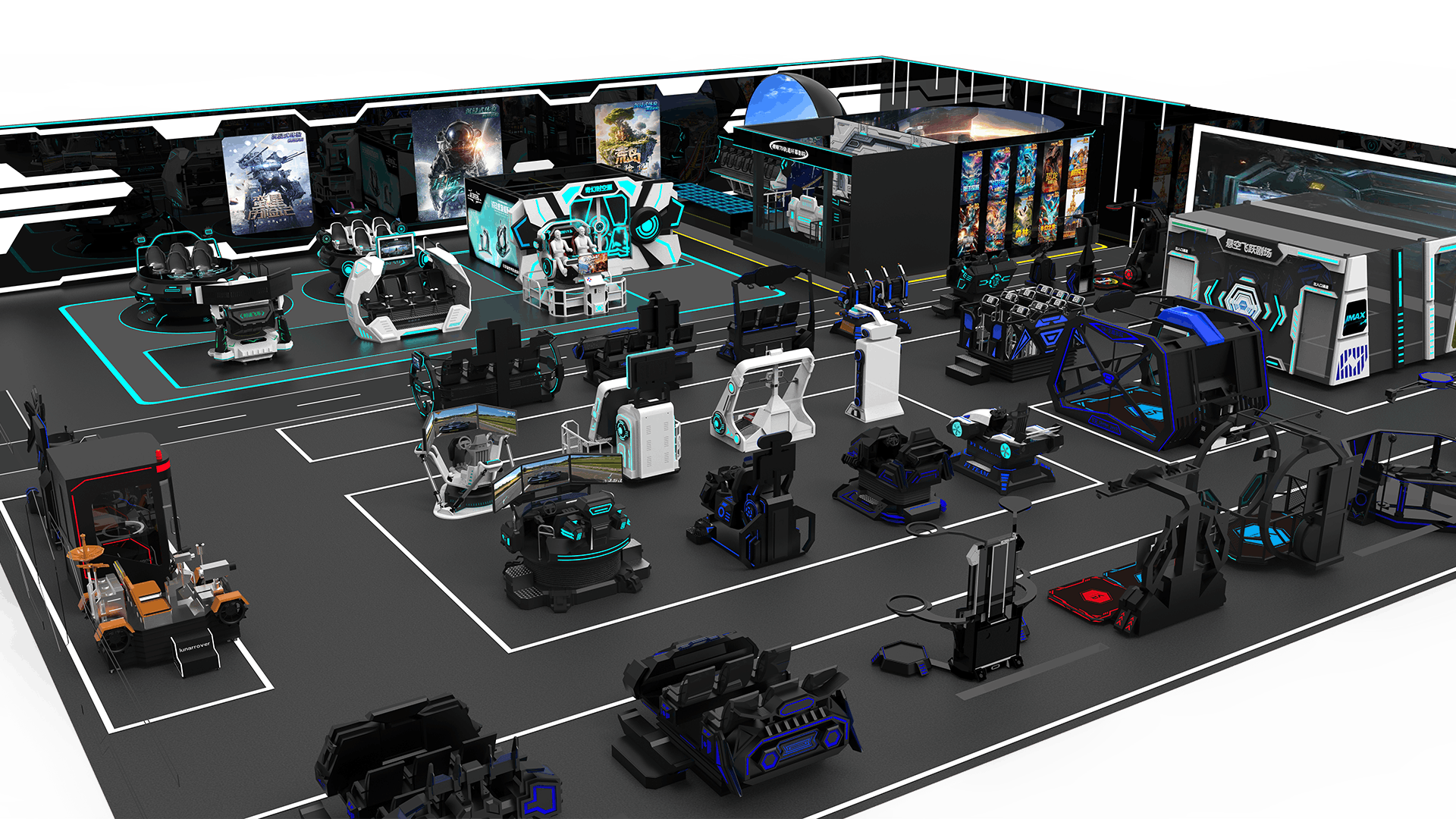 3D rendering of a 500 sqm VR center layout, showcasing various VR equipment designed for the client.
