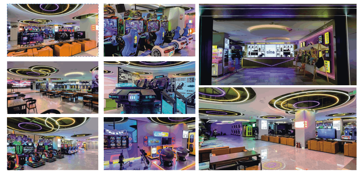 Real arcade game center operation photos with installed game machines and seating areas