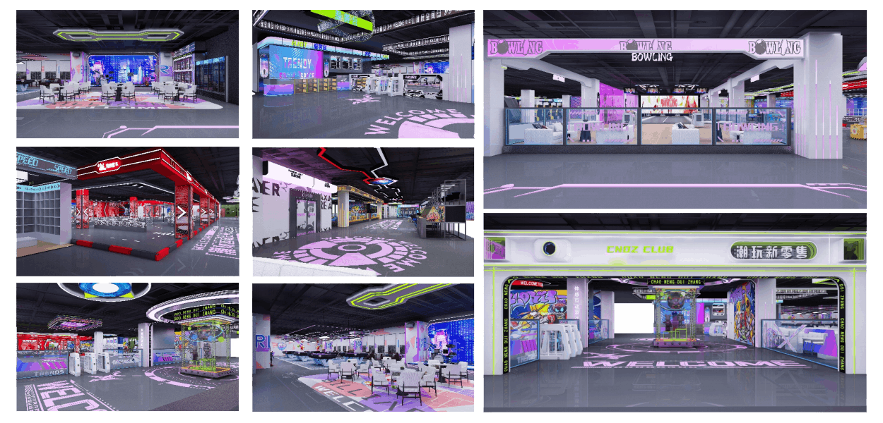 Custom cyberpunk FEC design renderings for commercial arcade and family entertainment centers