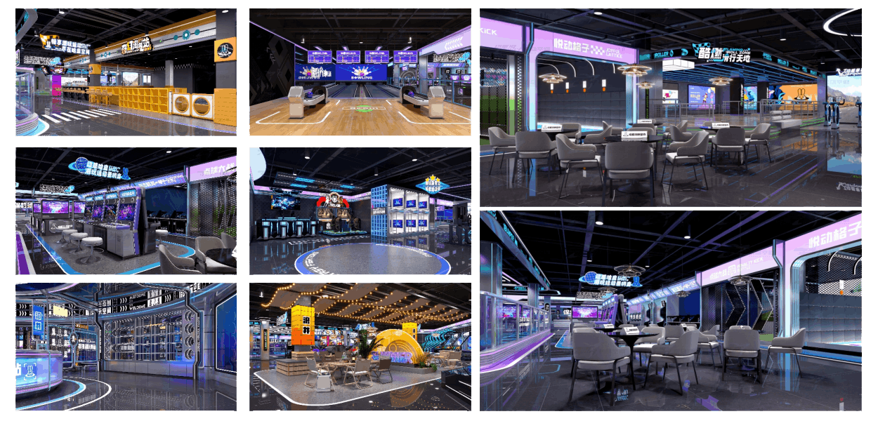 Large commercial arcade center design projects with bowling, arcade and multi-activity zones