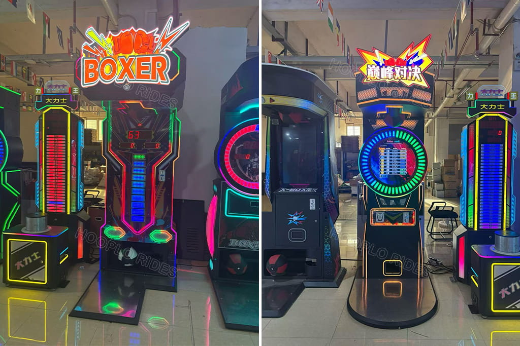 Multiple coin operated boxing arcade machines, Boxer power punch machine and Peak Duel circular screen boxing strength tester game machines in factory workshop