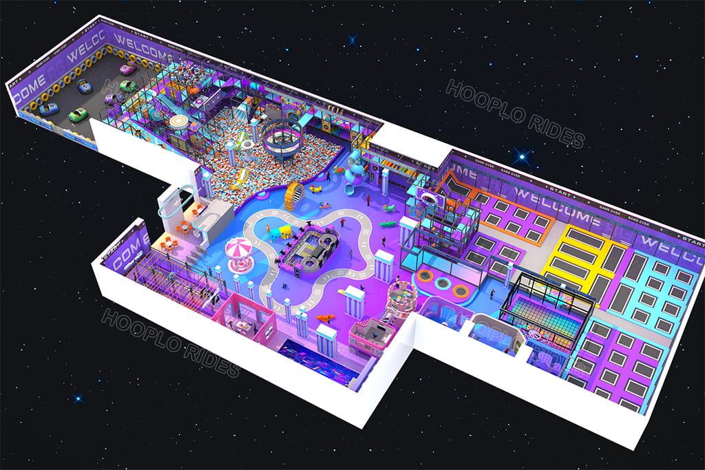 Custom 3D layout rendering of 3000㎡ indoor family entertainment center for Uzbekistan existing shopping mall, integrated indoor playground, trampoline park and bumper car arena zone