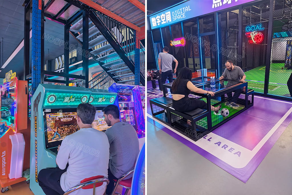 Uzbekistan commercial mall investors test competitive video arcade machines and interactive indoor football playground game equipment at Hooplo amusement factory showroom
