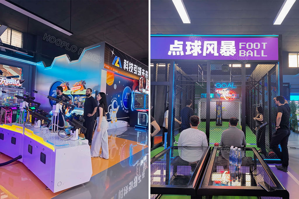 Uzbekistan long-term partner inspect Hooplo factory showroom, test shooting simulator arcade machines and penalty storm interactive football amusement equipment for shopping mall entertainment center