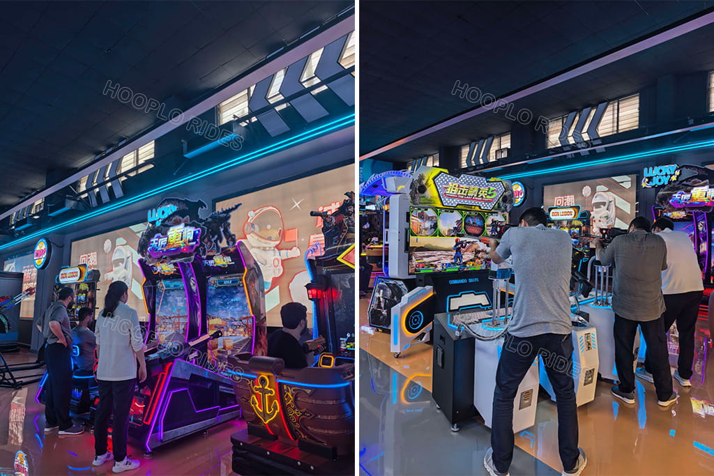 Uzbekistan mall entertainment operator experience pirate ship shooting arcade machines and multiplayer shooting simulator game equipment during Hooplo factory inspection visit