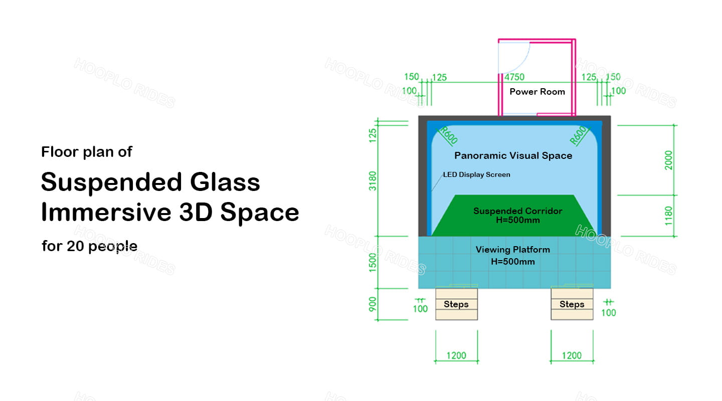 Floor plan of Hooplo 20-person Suspended Glass Immersive 3D Space, dimension layout drawing for naked eye 3D immersive LED tunnel exhibition hall
