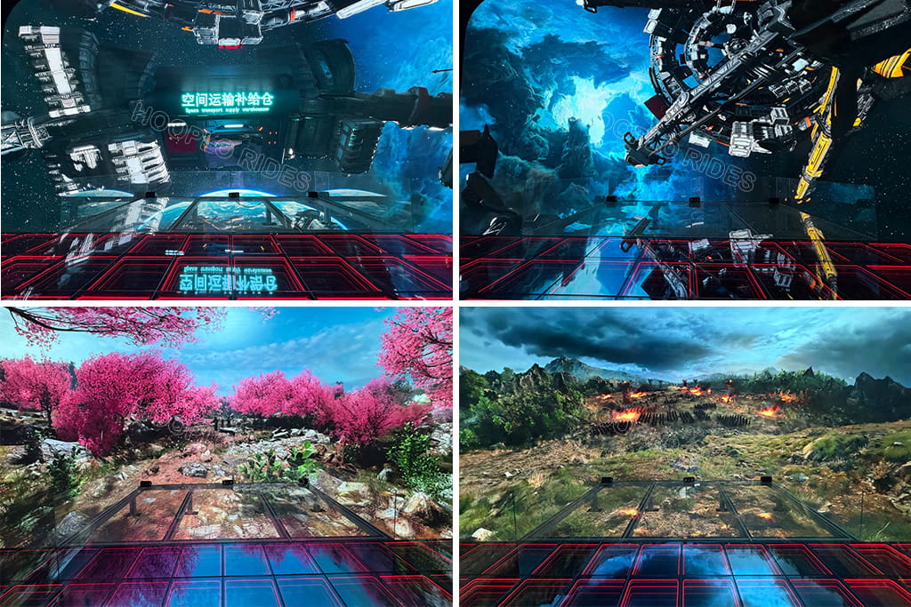 Hooplo Suspended Glass Immersive 3D Space collage, 4 themes including space station, peach blossom forest, desert canyon naked eye 3D panoramic LED tunnel for mall scenic attraction