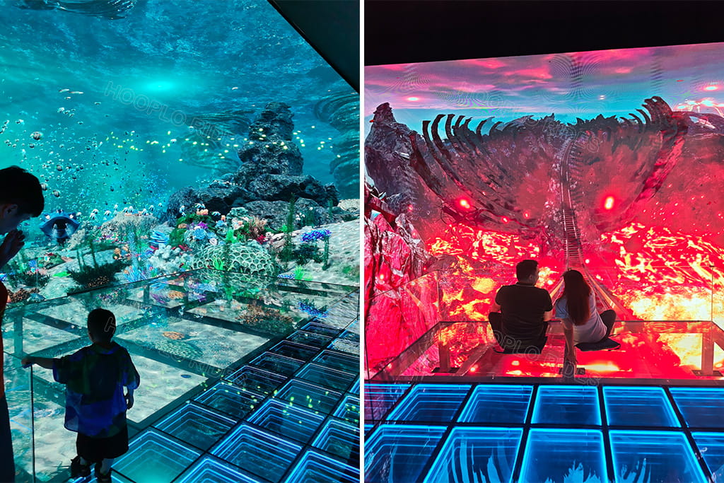 Installed dual-scene shot of Hooplo Suspended Glass Immersive 3D Space, underwater ocean and lava roller coaster naked eye 3D LED immersive tunnel attraction