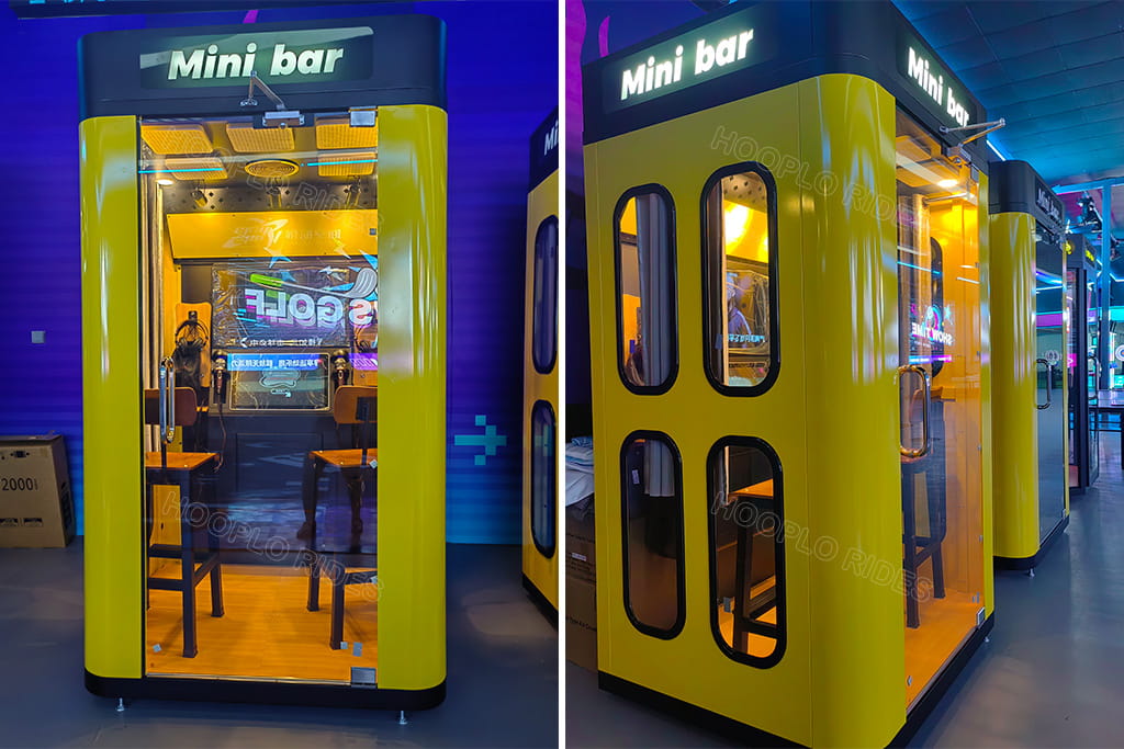 Yellow Mini Karaoke Booth Mini Bar style, soundproof private singing cabinet front and side view, commercial mini KTV booth