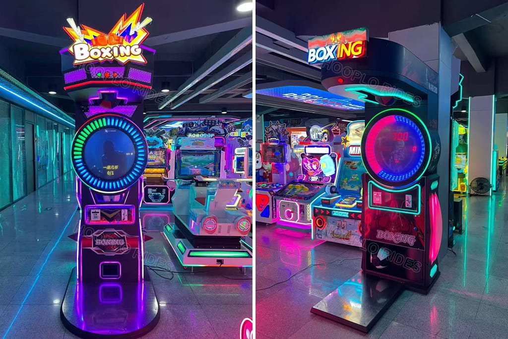 Peak Duel boxing punch arcade machines inside indoor game center, coin operated strength tester amusement game with colorful LED lighting