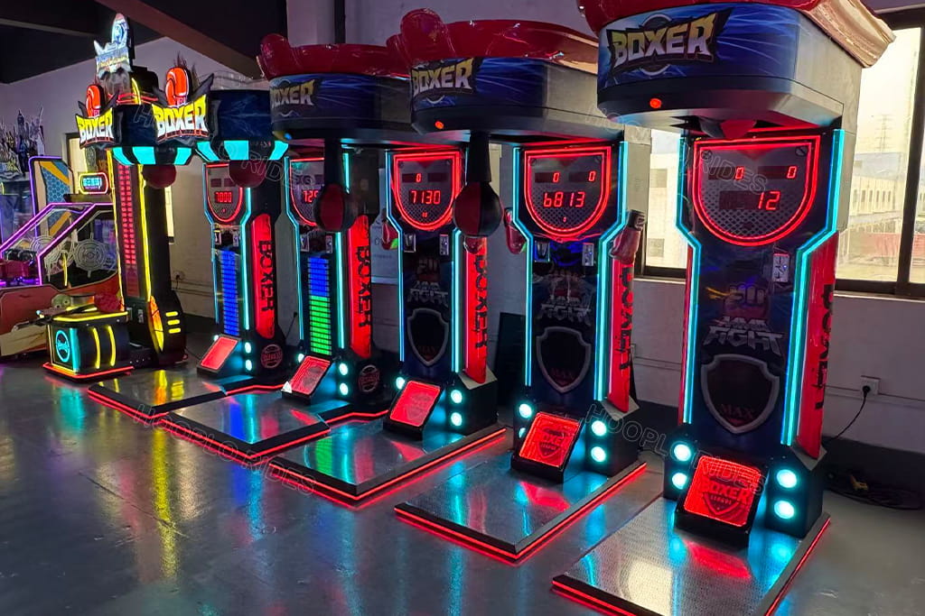 RGB neon light Boxer punch boxing arcade machines, coin operated strength testing game machines factory production line