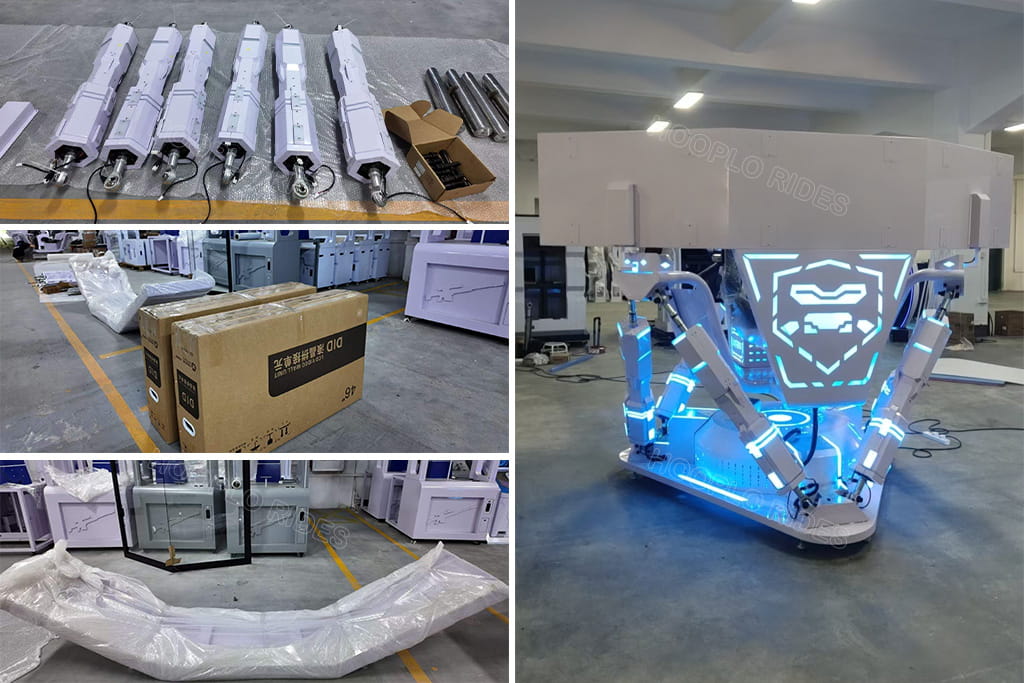 VR Six Axle Racing Simulator fully assembled with motion actuators and components installed, ready for factory testing before delivery.